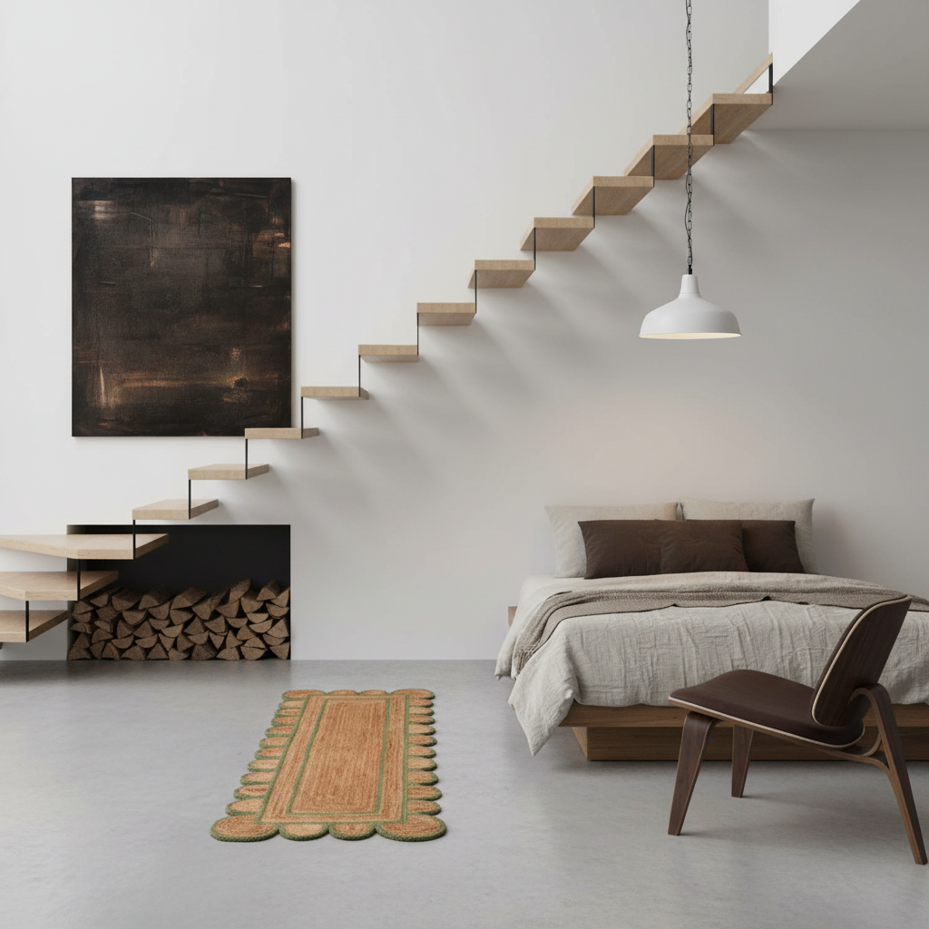 Handmade Olive Green Scalloped Border Jute Rug
