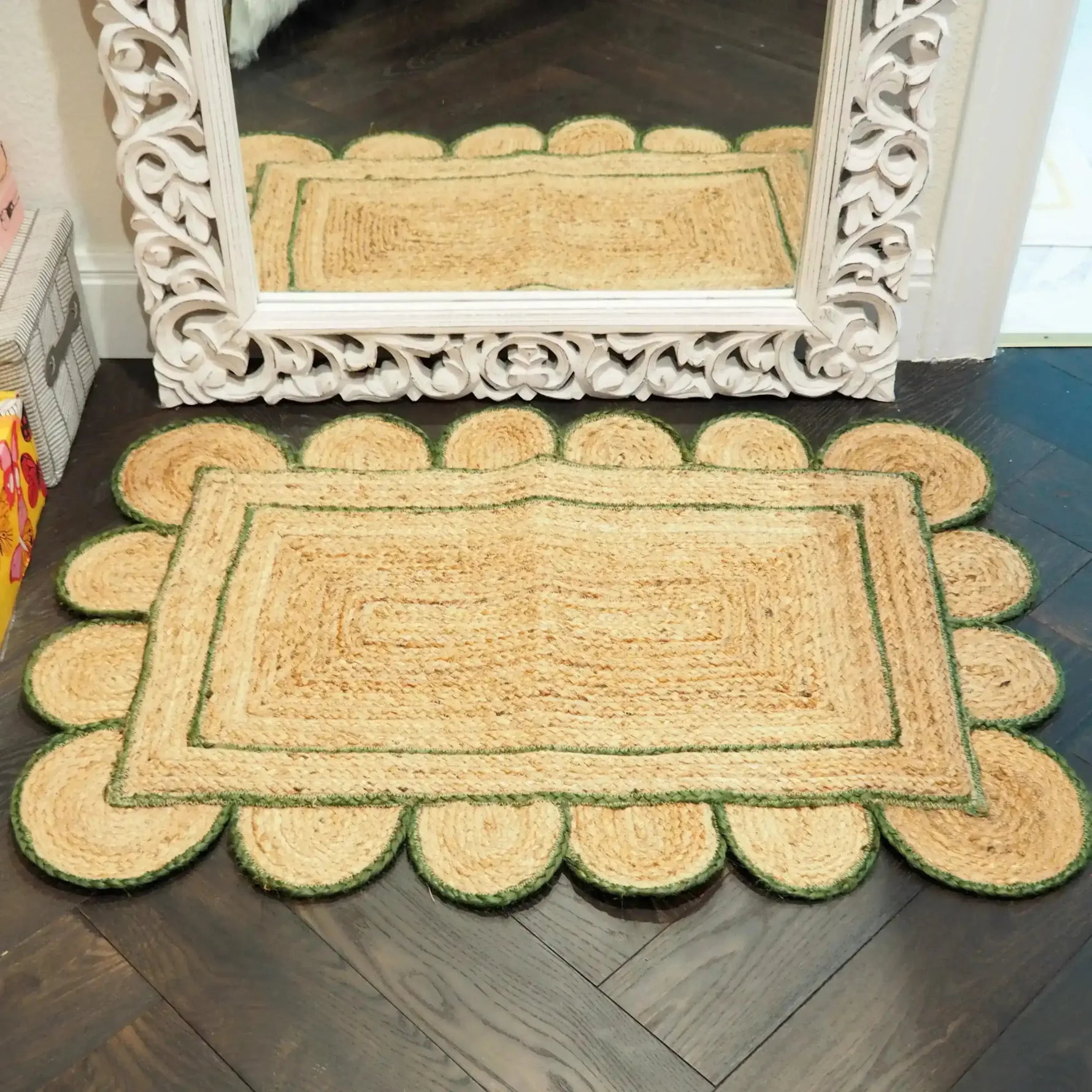 Handmade olive green scalloped border jute rug measuring 4 x 6 ft, placed elegantly in a living room setting. The natural jute fibers and unique scalloped design make it a perfect area rug for kitchens, hallways, or as a large living room centerpiece.