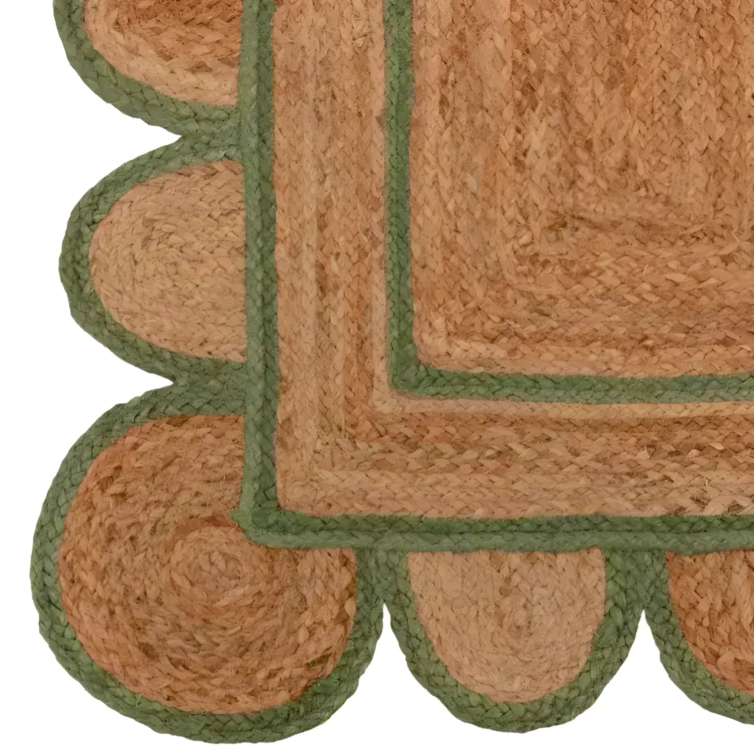 Close-up view of a handmade olive green scalloped border jute rug, ideal as an area rug for living rooms or as a kitchen runner. The intricate braided design and natural texture make it a perfect choice for those seeking stylish kitchen rugs or hallway runner rugs.