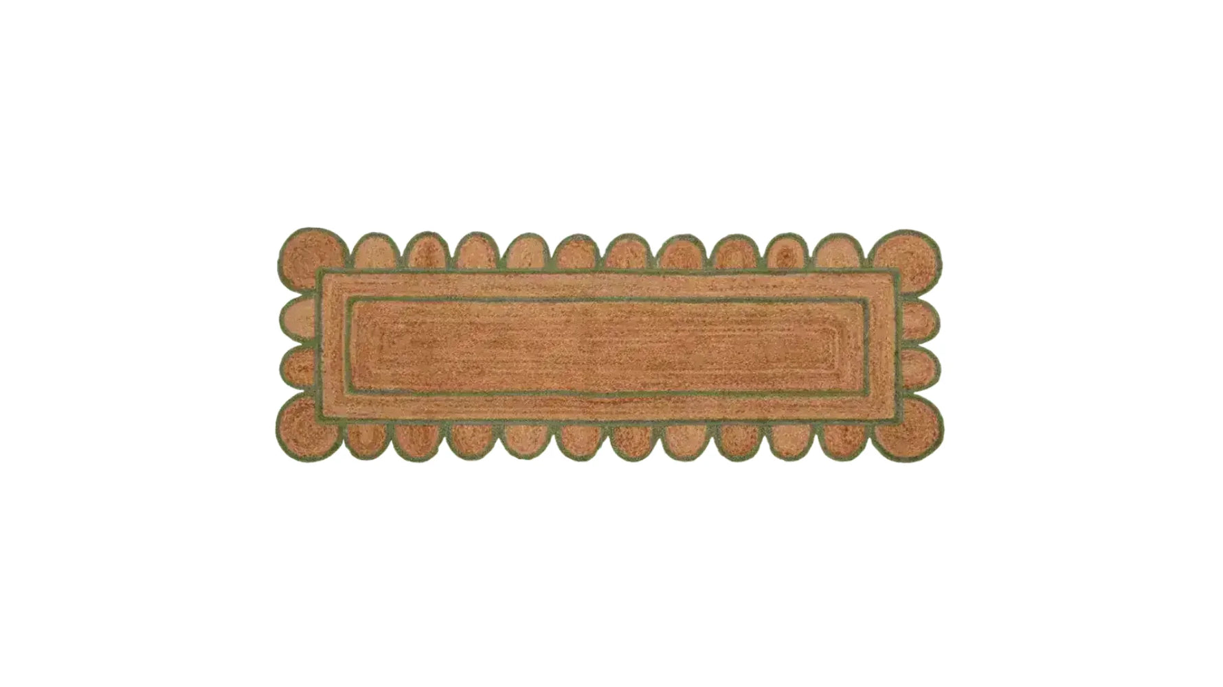 A beautifully crafted handmade olive green scalloped border jute rug, perfect for adding a touch of elegance to any living room or hallway. This 4 x 6 ft area rug features an intricate design, making it ideal as a kitchen runner rug or a large area rug for the living room.