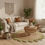 Living room with beige sofa, round jute rug, woven coffee table, and decorative elements.