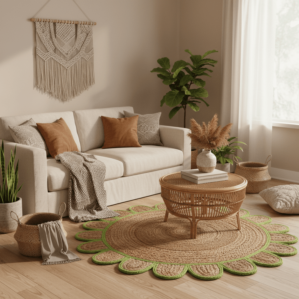 Living room with beige sofa, round jute rug, woven coffee table, and decorative elements.