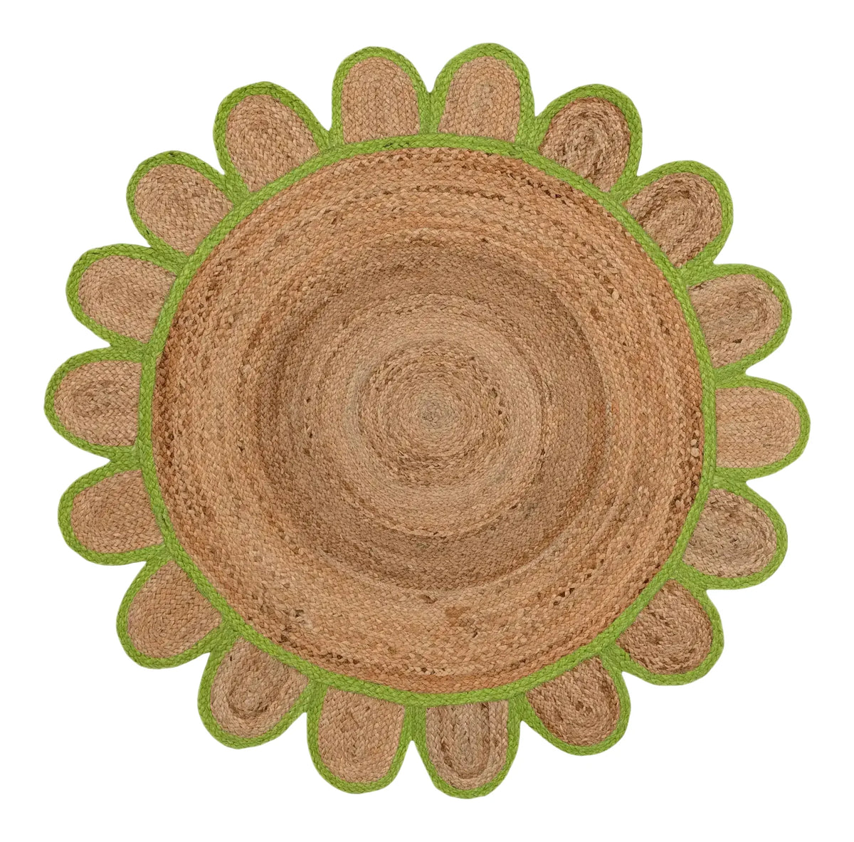 Top view of a handmade olive green scalloped round area rug crafted from jute. Perfect for a dining room or as a large living room rug, this stylish round rug features a natural jute texture with a charming green border, adding warmth and elegance to any living space.
