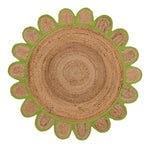 Top view of a handmade olive green scalloped round area rug crafted from jute. Perfect for a dining room or as a large living room rug, this stylish round rug features a natural jute texture with a charming green border, adding warmth and elegance to any living space.