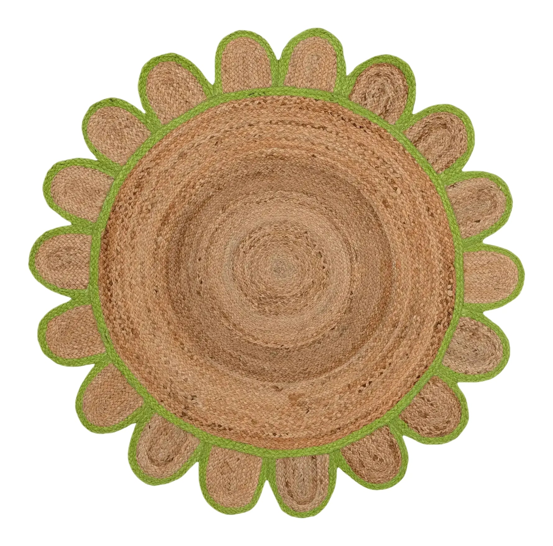 Top view of a handmade olive green scalloped round area rug crafted from jute. Perfect for a dining room or as a large living room rug, this stylish round rug features a natural jute texture with a charming green border, adding warmth and elegance to any living space.