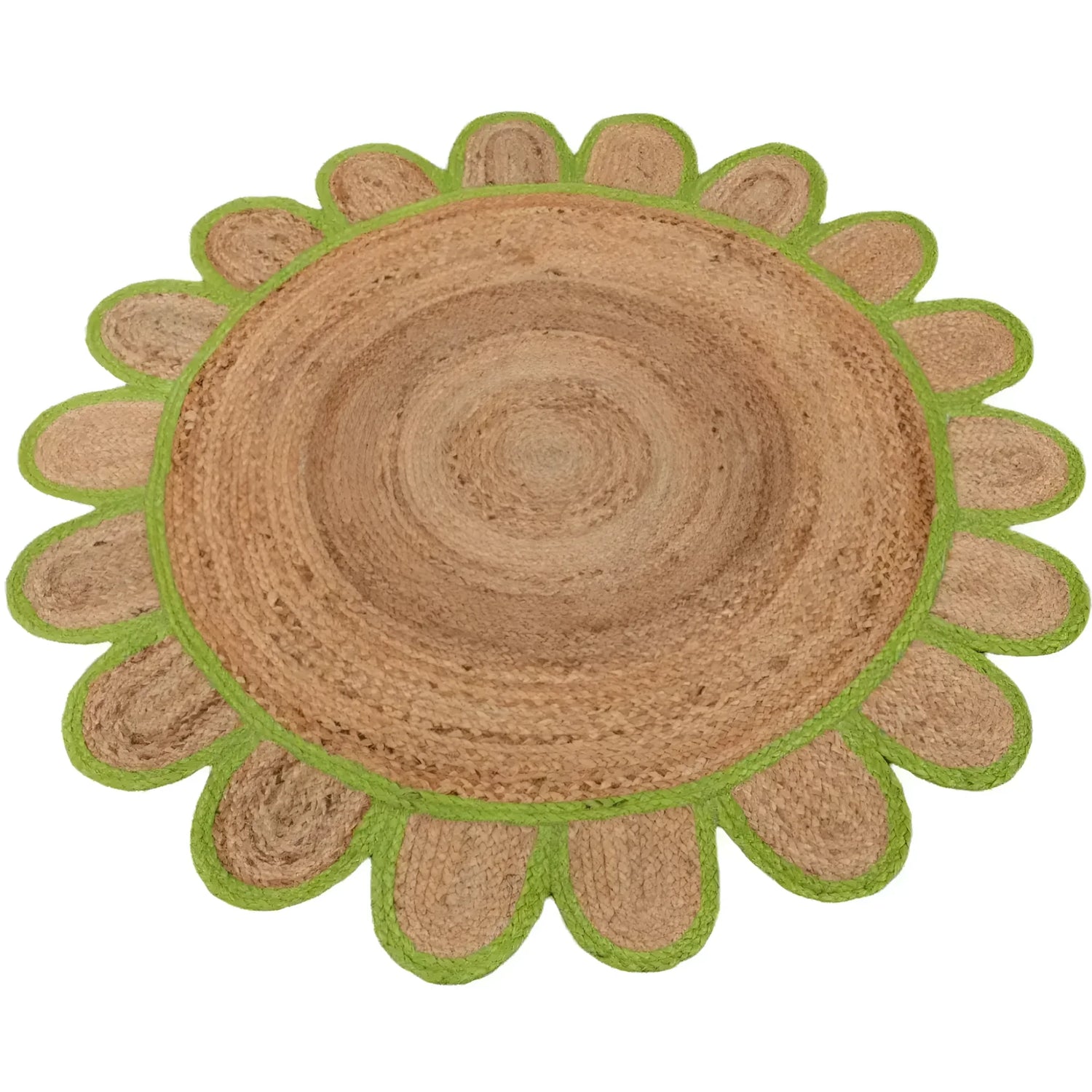 A beautifully crafted handmade olive green scalloped round jute rug, perfect for adding a natural touch to any living room or dining area. This large area rug features an intricate weave with a scalloped edge, making it an ideal choice for those seeking stylish and eco-friendly rugs for living rooms.