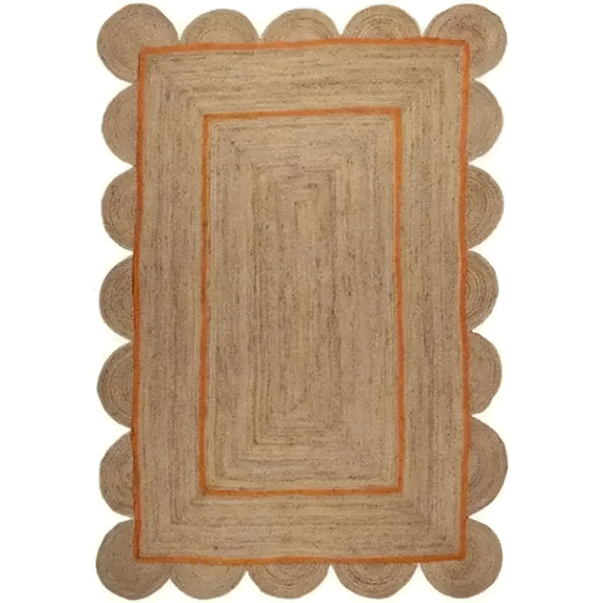 Top view of a handmade orange scalloped jute area rug, perfect for adding a warm and rustic touch to your dining room or living room. This dining table rug features a unique scalloped edge design and natural jute texture, ideal for enhancing any space.