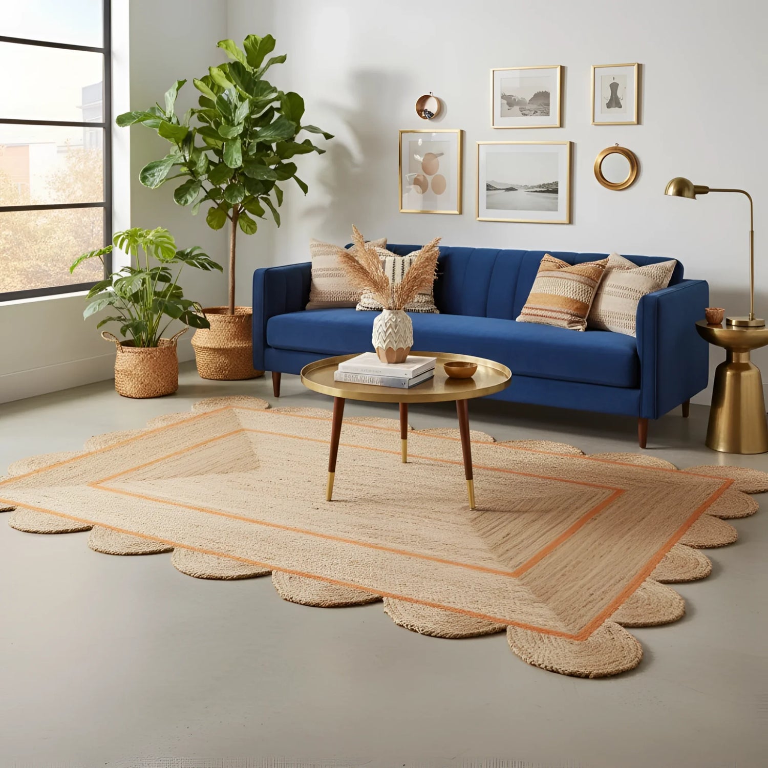 Handmade Orange Scalloped Jute Rug