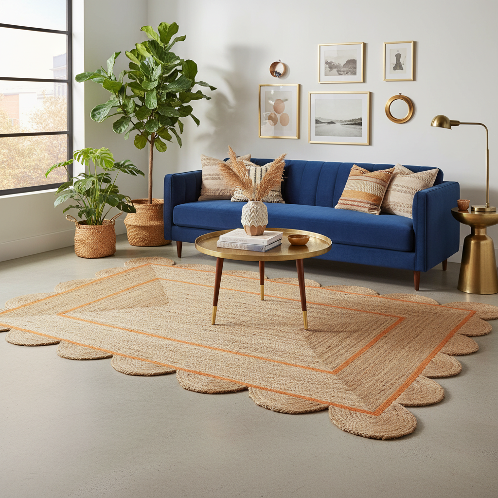 Handmade Orange Scalloped Jute Rug