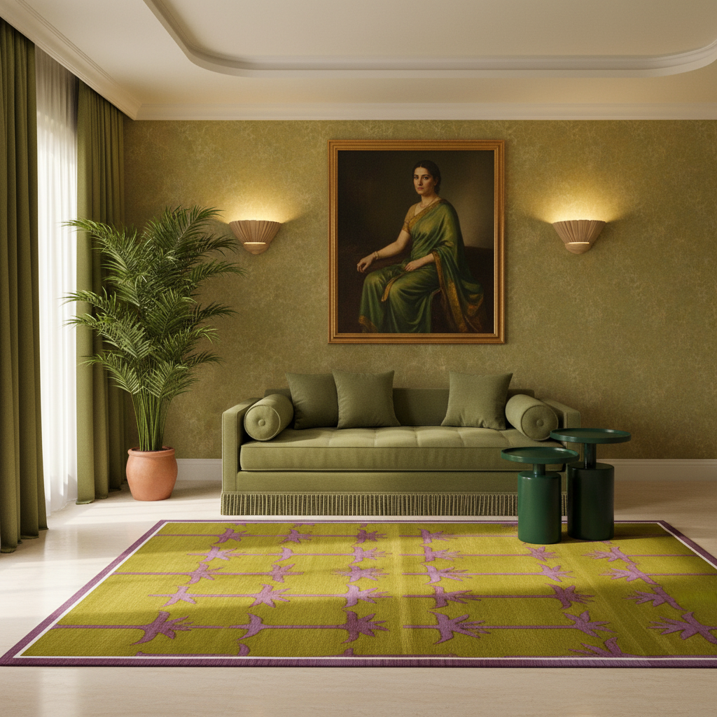Handmade Palm Trees Cotton Rug - Pink/Olive Green