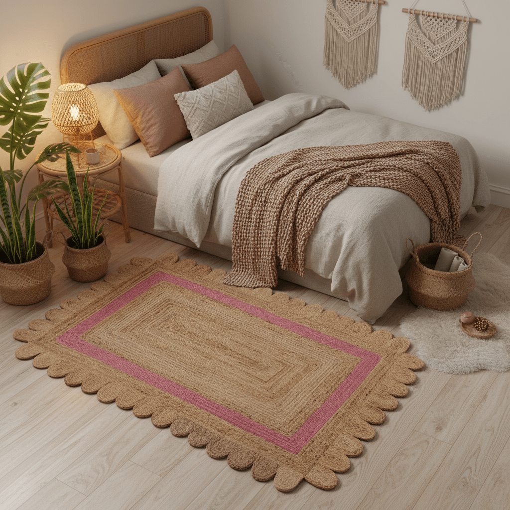 Handmade Pink Scalloped Border Jute Rug