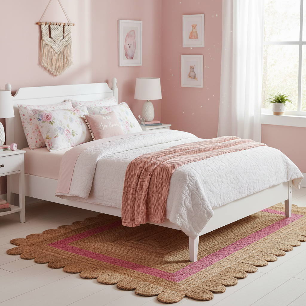 Handmade Pink Scalloped Border Jute Rug