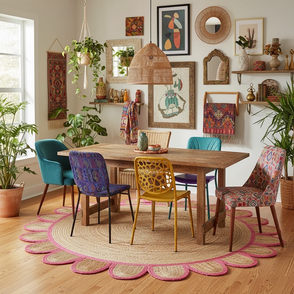 Dining room with a wooden table and colorful chairs on a patterned scalloped jute rug.