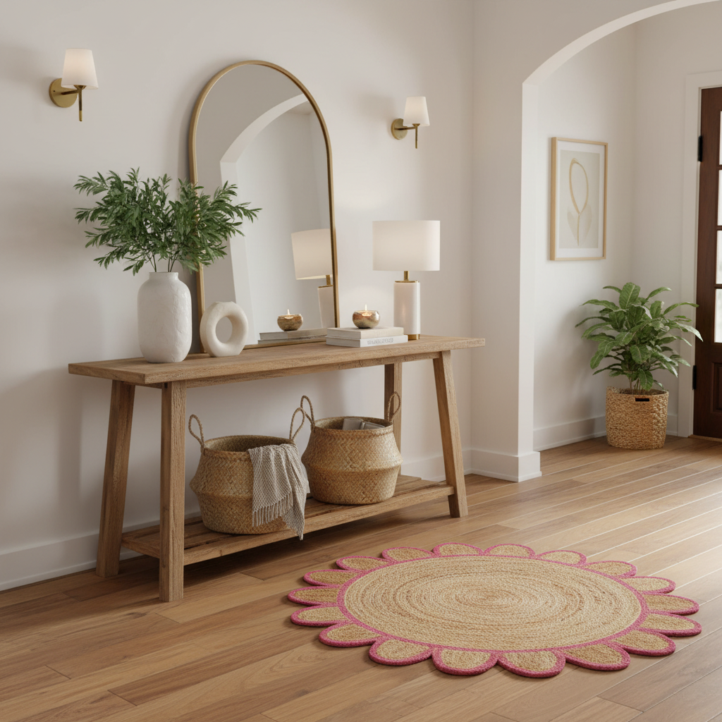 Handmade Pink Scalloped Round Jute Rug