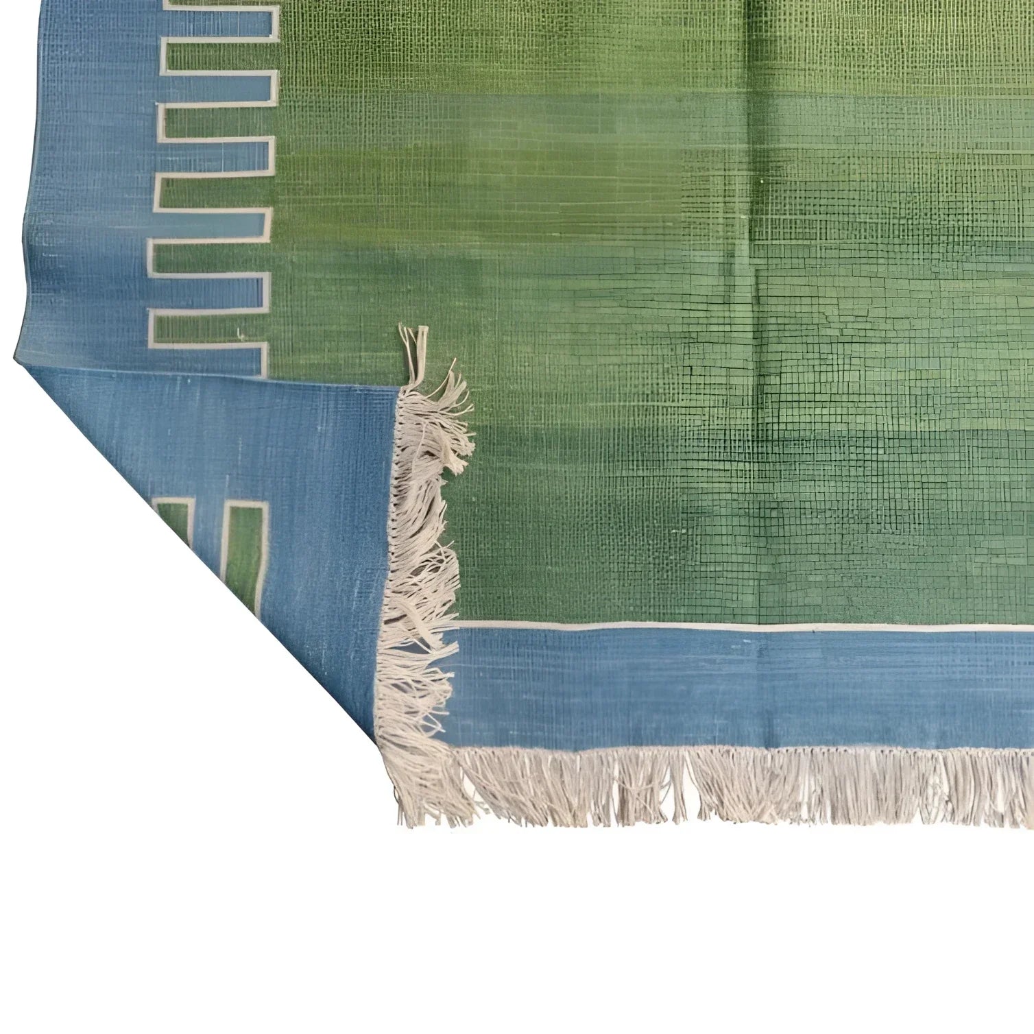 Handmade Reversible Cotton Fringed Geometric Blue Bordered Rug