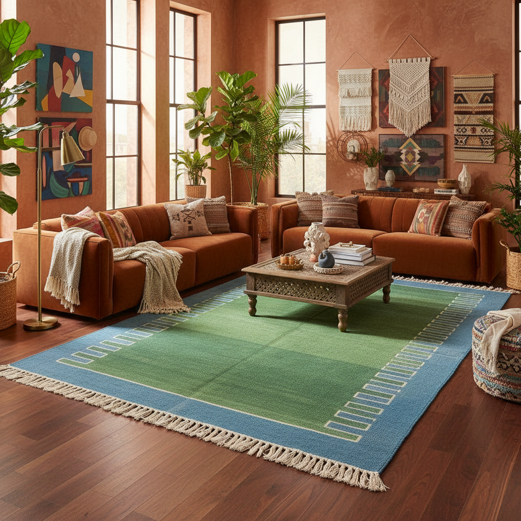 Handmade Reversible Cotton Fringed Geometric Blue Bordered Rug