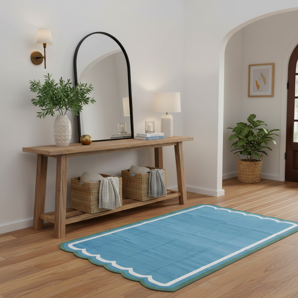 Alfombra Reversible de Algodón con Ondas Hecha a Mano - Azul