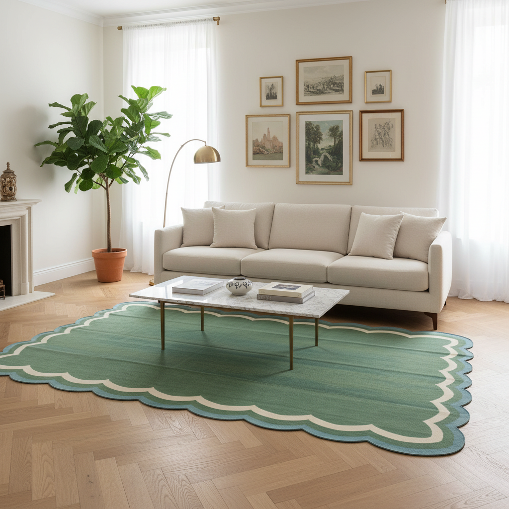 Handmade Reversible Cotton Scalloped Rug in sage green with cream and blue wavy scalloped border, living room setting