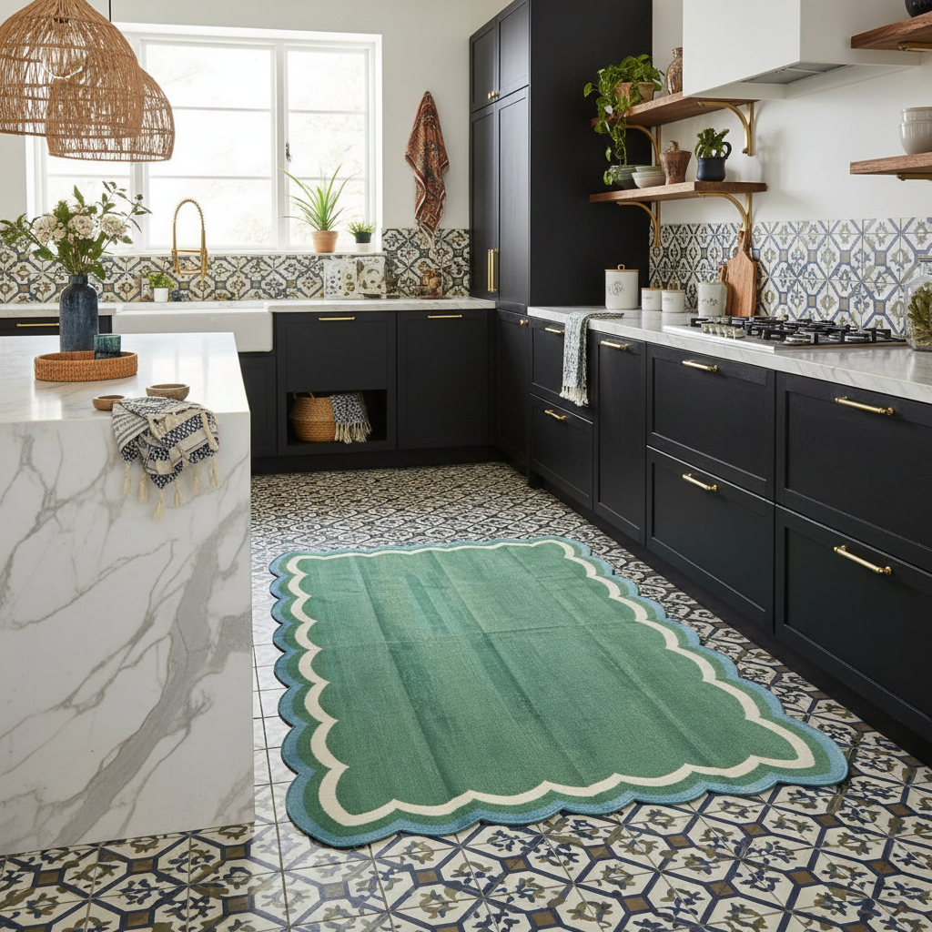 Handmade Reversible Cotton Scalloped Rug - Cream, Blue and Green