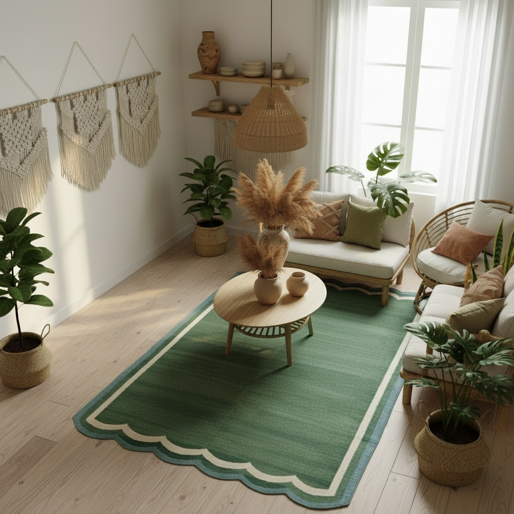 Living room with a green rug, plants, and wooden furniture.