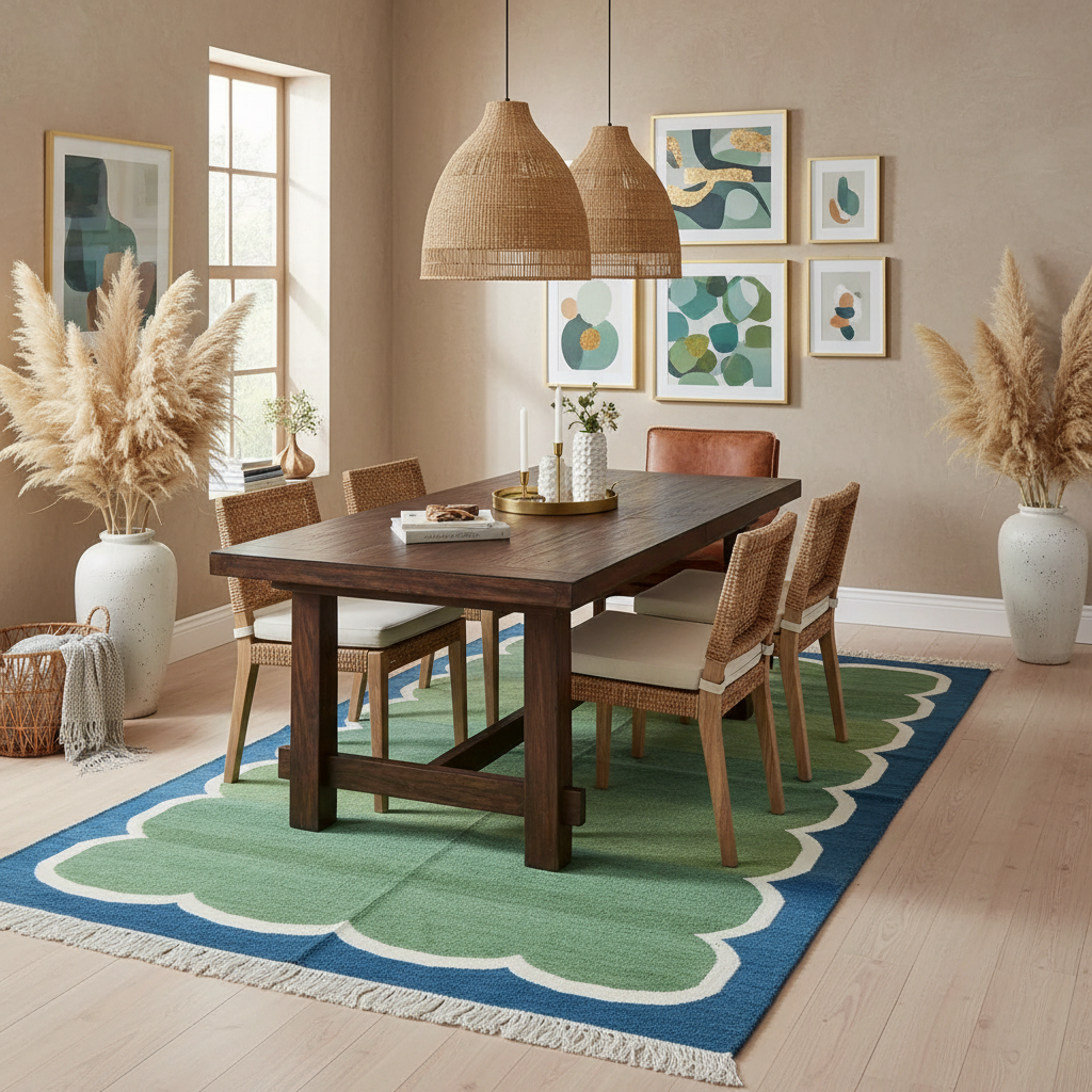 Handmade Reversible Fringed Cotton Scalloped Rug - Blue and Green