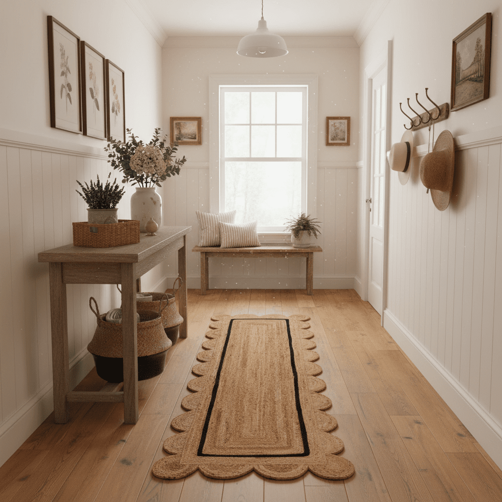 Narrow hallway with wooden floor, rug, table, and wall decorations.