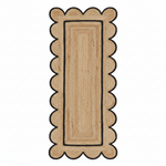 Rectangular jute rug with scalloped edge on a white background