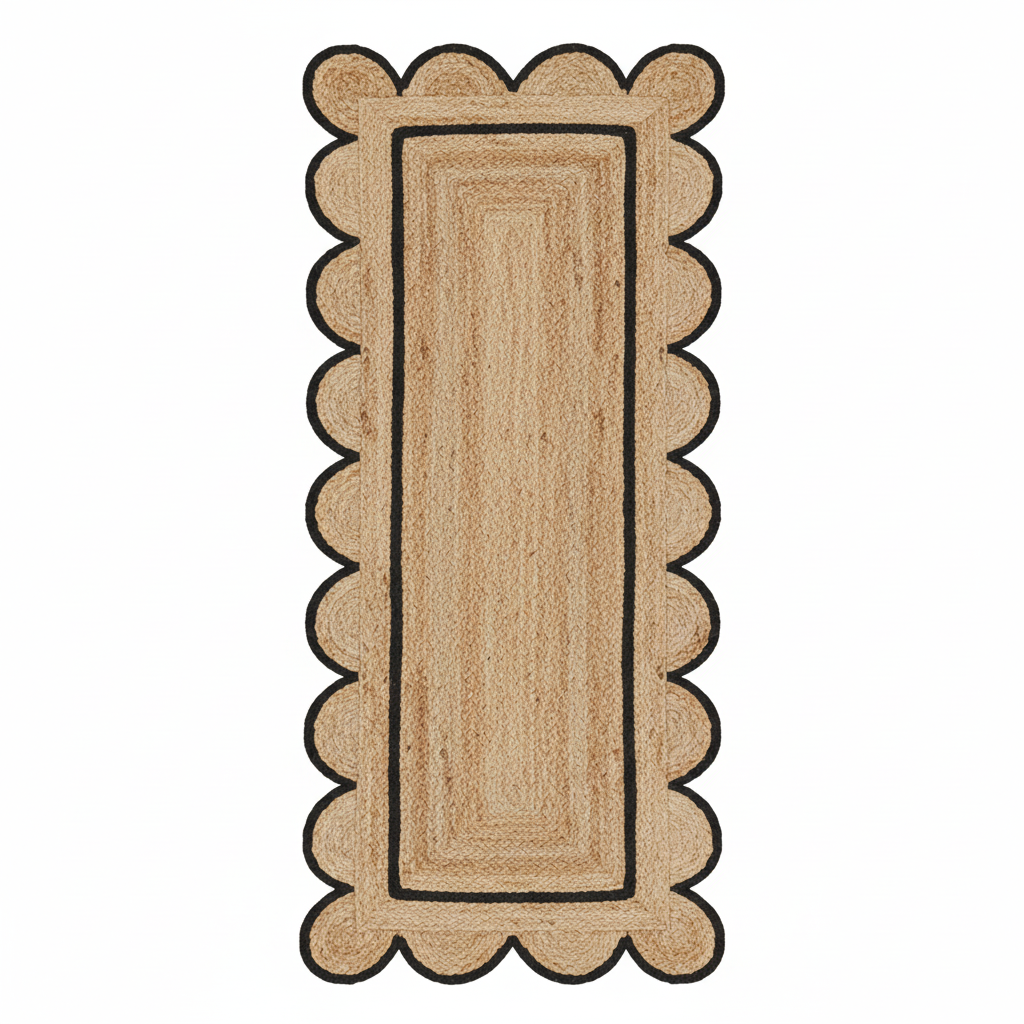 Rectangular jute rug with scalloped edge on a white background