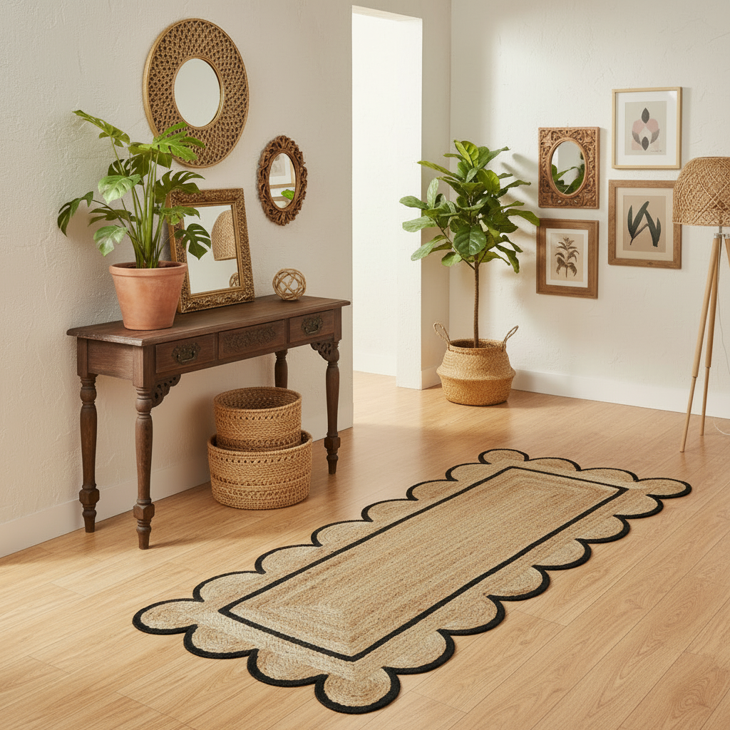 Rectangular jute rug with scalloped edge on a white background