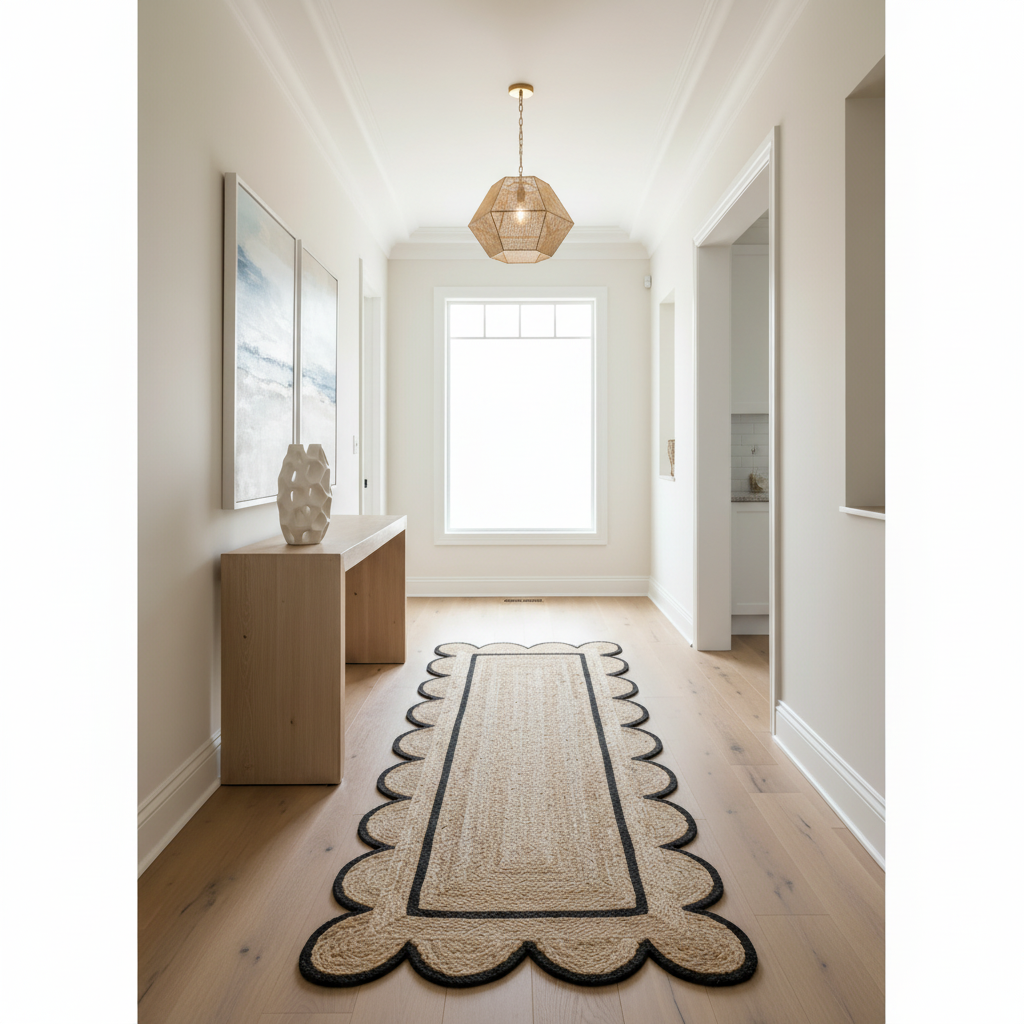 Long rectangular rug with scalloped edge on a wooden floor in a bright hallway.