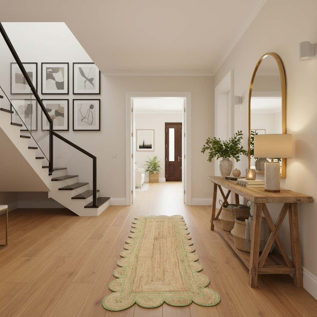 Handmade Scalloped Border Jute Rug - Light Green