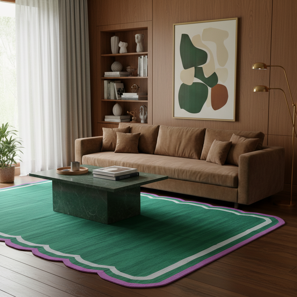 Handmade Scalloped Cotton Area Rug - Green/Pink