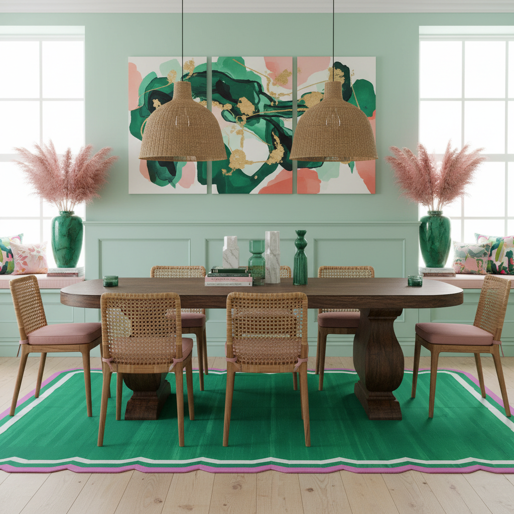 Handmade Scalloped Cotton Area Rug - Green/Pink