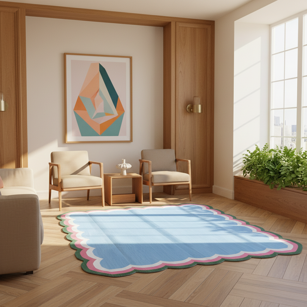 Handmade Scalloped Cotton Area Rug - Light Blue