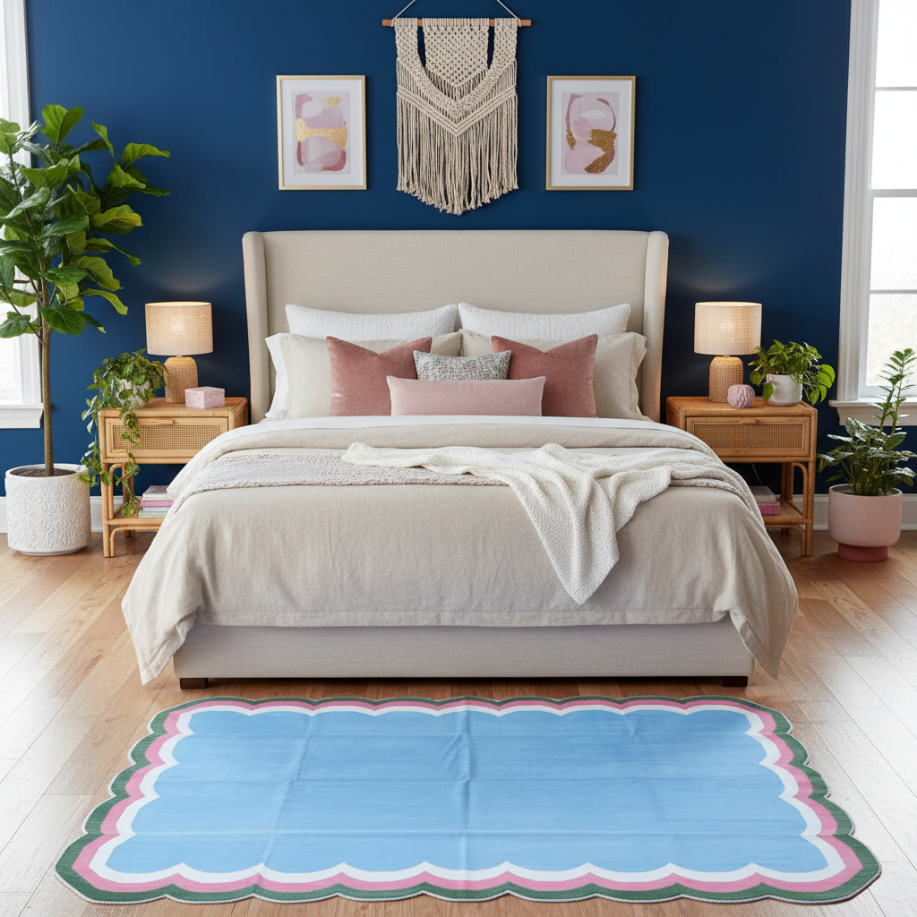 Handmade Scalloped Cotton Area Rug - Light Blue