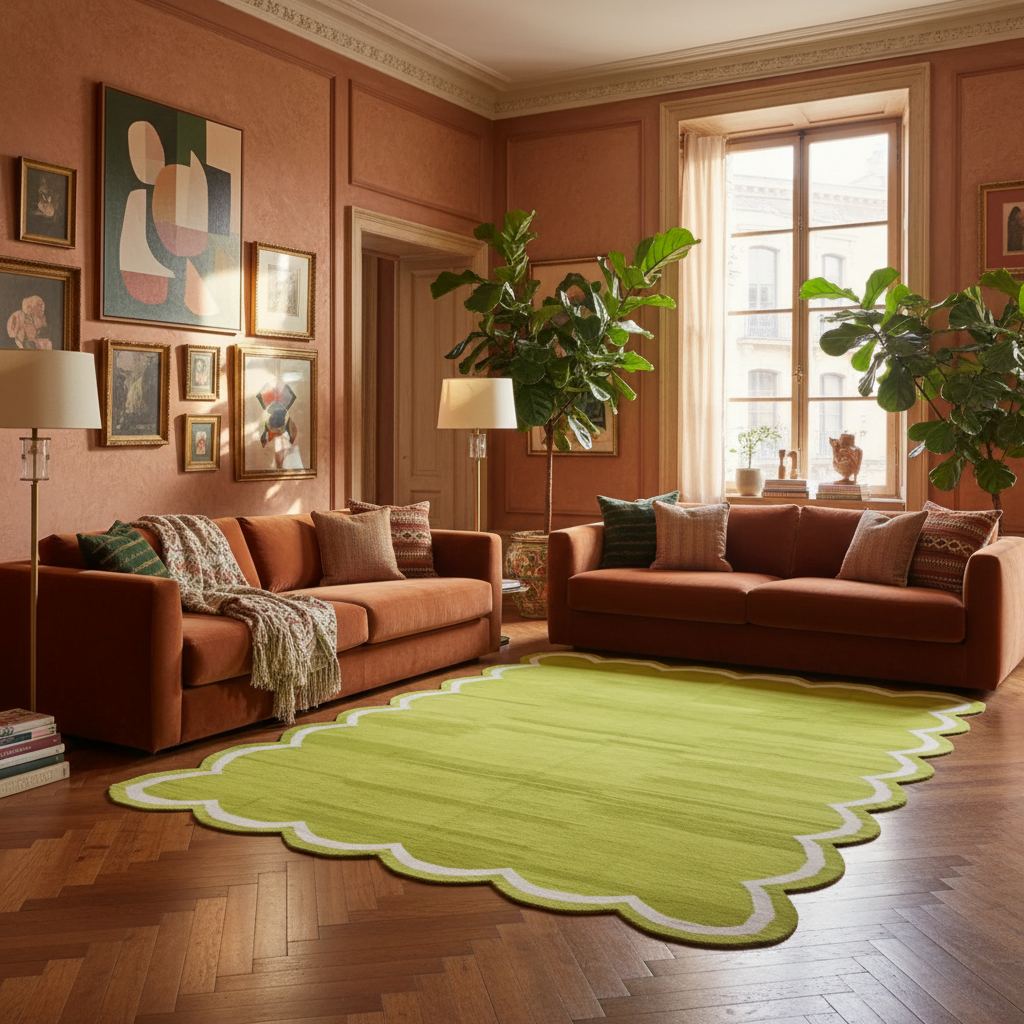 Handmade Scalloped Cotton Area Rug - Olive Green