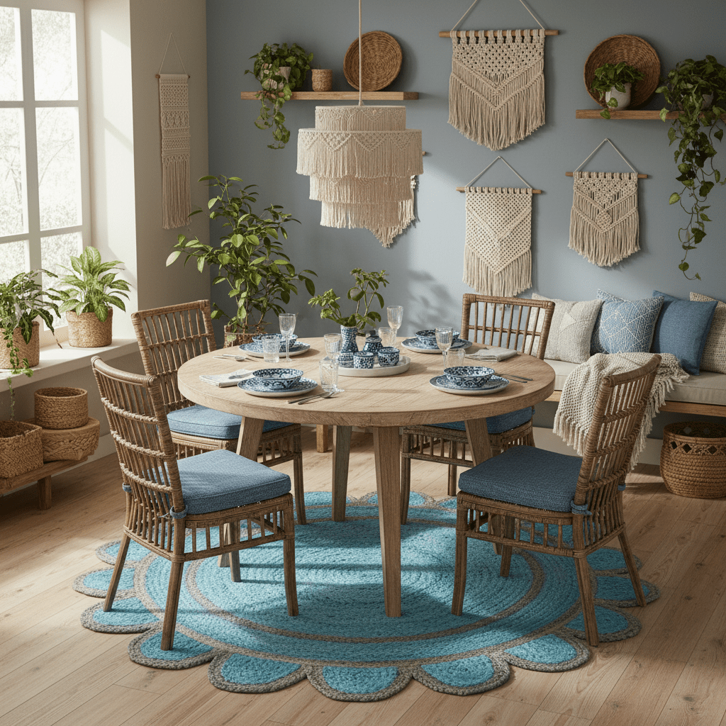Dining room with wooden table and chairs, blue cushions, blue jute rug,and decorative wall hangings.