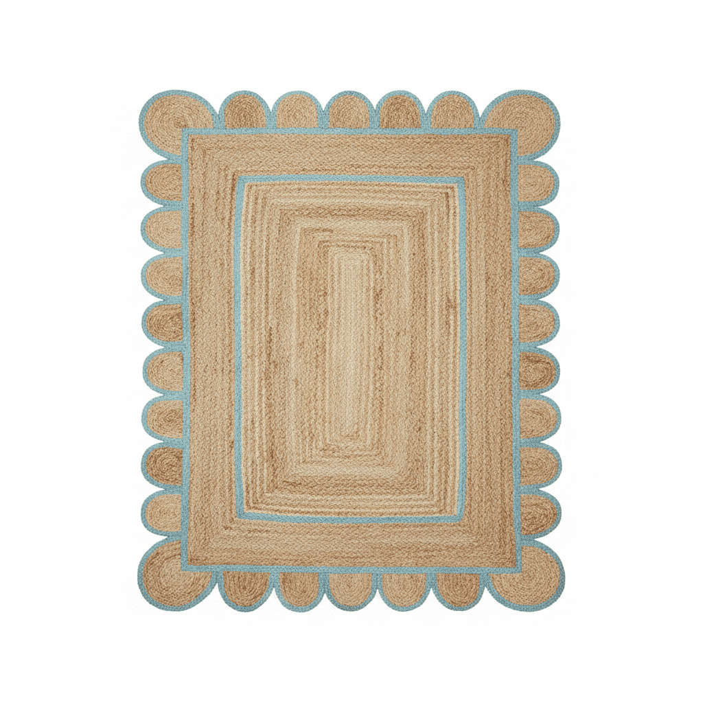 Beige and blue braided rug with scalloped edge on a white background