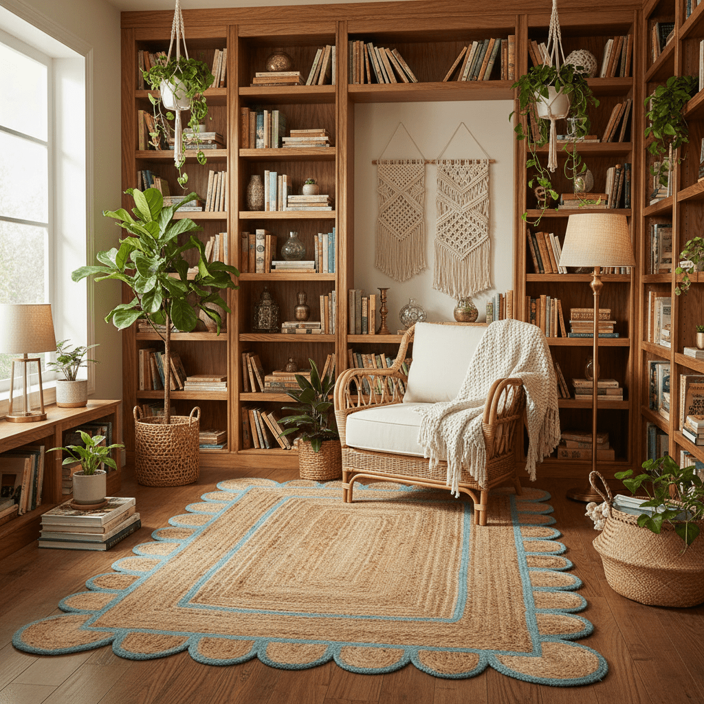 Showcase Hand Made Sky Blue Scalloped Jute Rug in a cozy living room with wooden bookshelves, a wicker chair, and decorative plants.