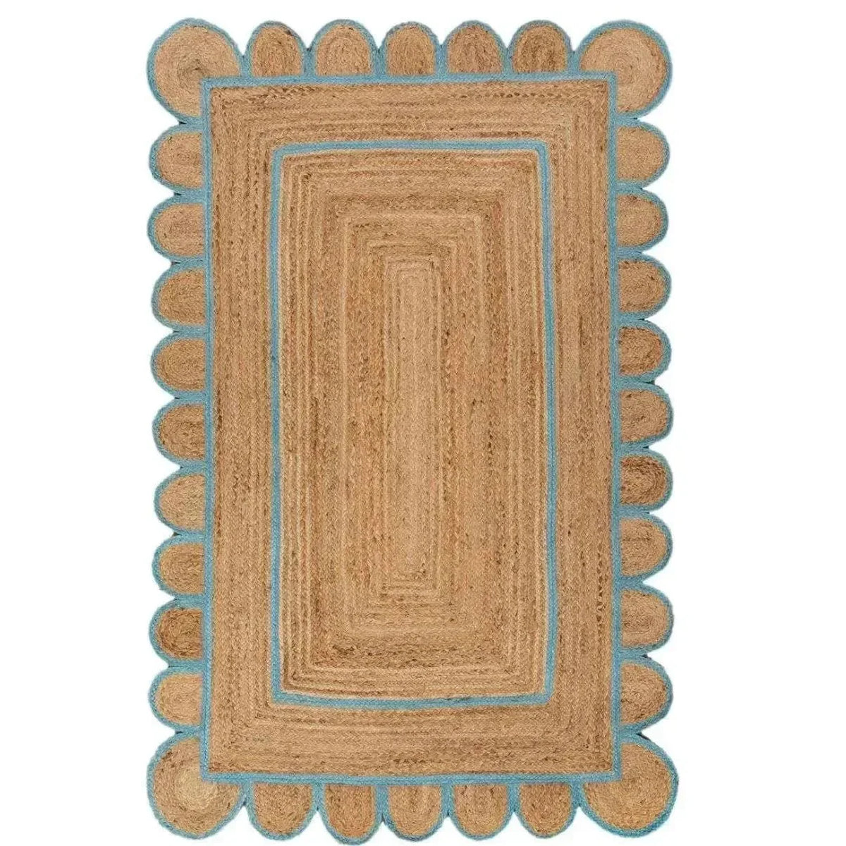Full view of handmade jute rug, braided natural fibers with a scalloped sky-blue trimmed border