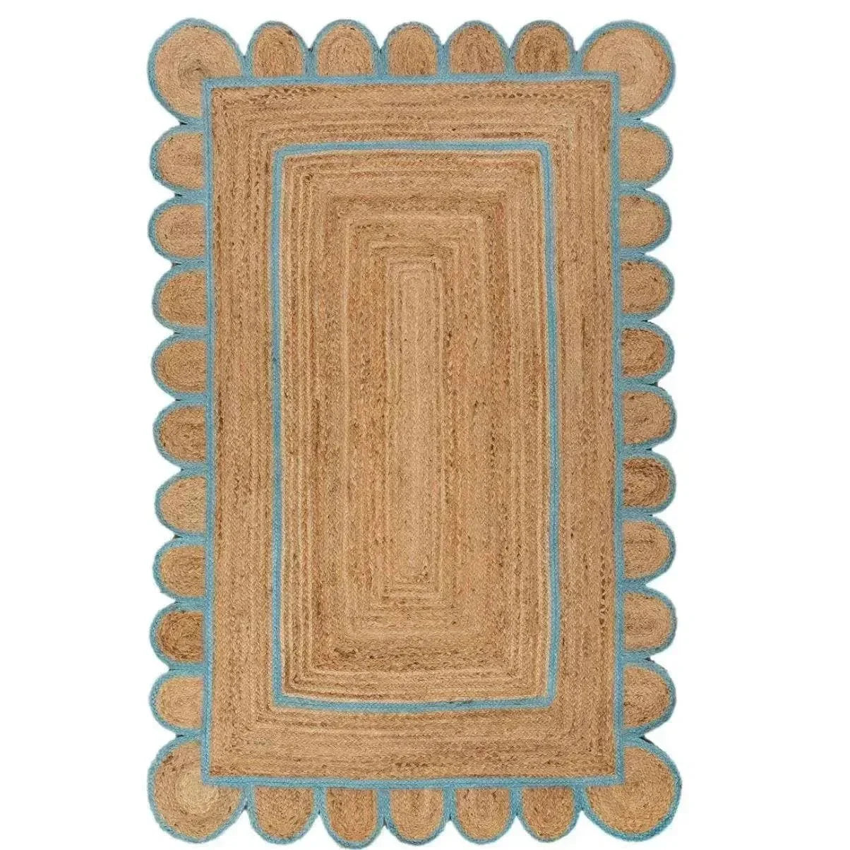 Full view of handmade jute rug, braided natural fibers with a scalloped sky-blue trimmed border