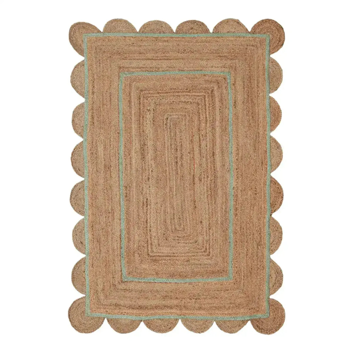 Top view of a Handmade Turquoise Trim Scalloped Jute Rug, perfect for enhancing your living room. This beautiful area rug, measuring 8x10, features a natural jute texture with a unique scalloped edge lined in turquoise, ideal for adding a stylish touch to large living room spaces.