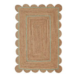 Top view of a Handmade Turquoise Trim Scalloped Jute Rug, perfect for enhancing your living room. This beautiful area rug, measuring 8x10, features a natural jute texture with a unique scalloped edge lined in turquoise, ideal for adding a stylish touch to large living room spaces.
