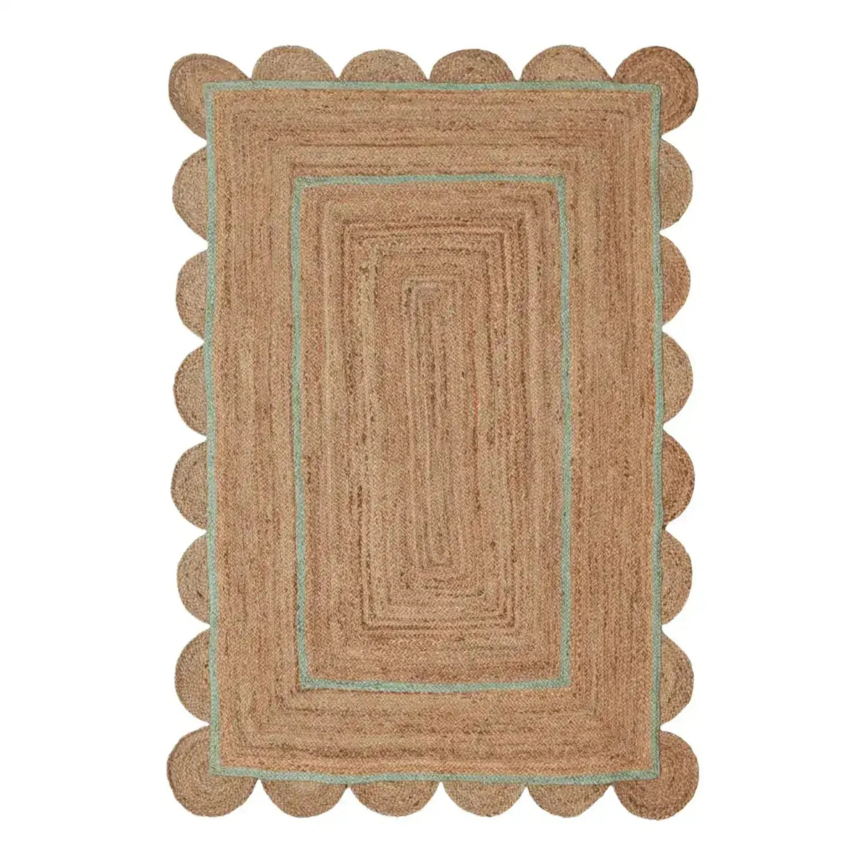 Top view of a Handmade Turquoise Trim Scalloped Jute Rug, perfect for enhancing your living room. This beautiful area rug, measuring 8x10, features a natural jute texture with a unique scalloped edge lined in turquoise, ideal for adding a stylish touch to large living room spaces.