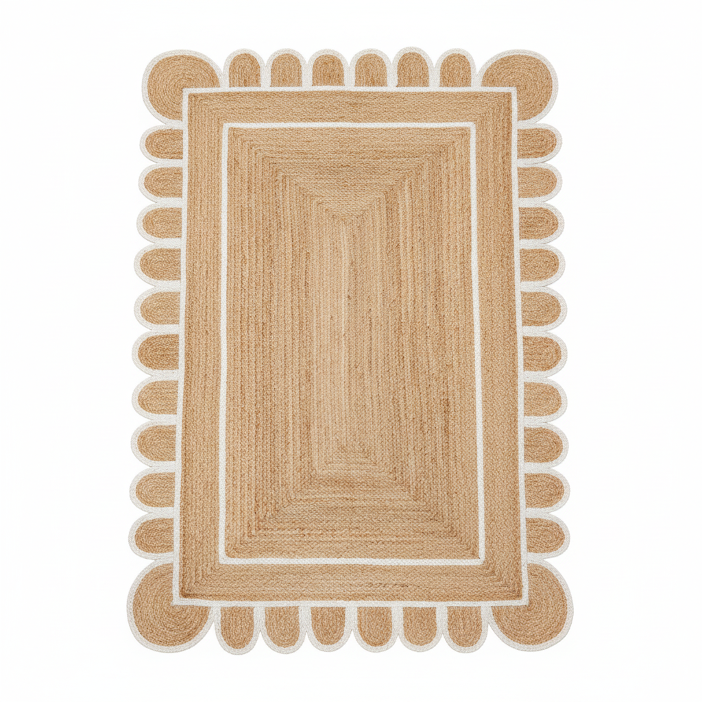 Beige braided rug with decorative border on a white background