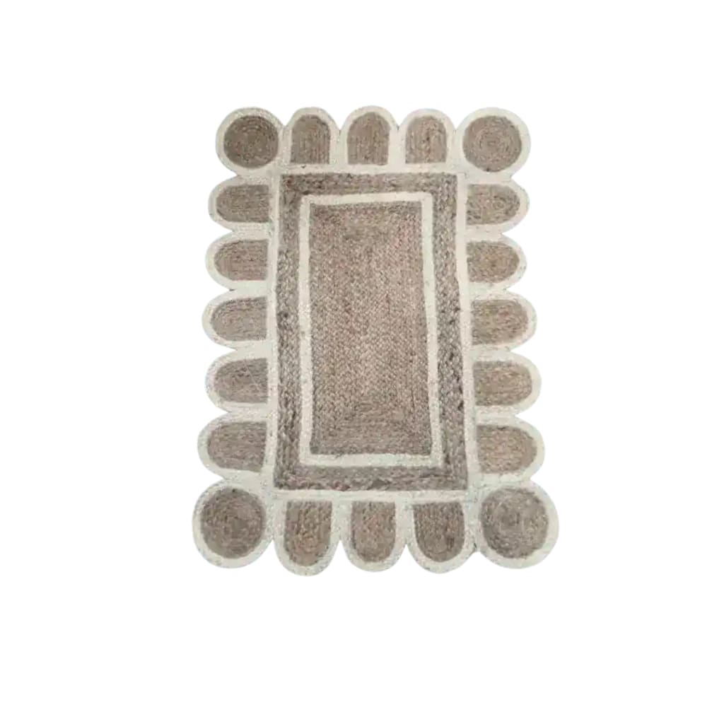 Top view of a Handmade White Trim Scalloped Jute Rug, measuring 2 x 3 feet. This area rug features a unique scalloped design with a natural jute texture, perfect for enhancing the decor of living room spaces.