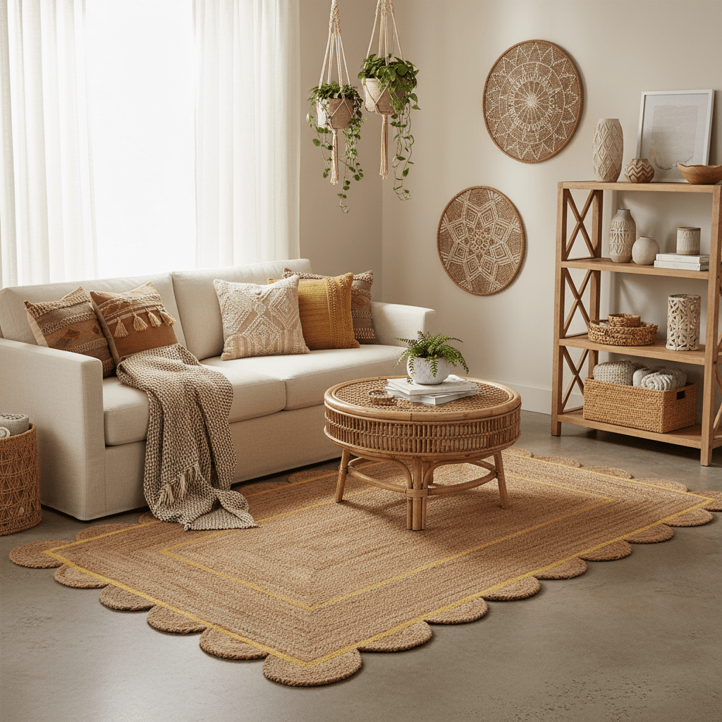 Handmade Yellow Trim Scalloped Jute Rug