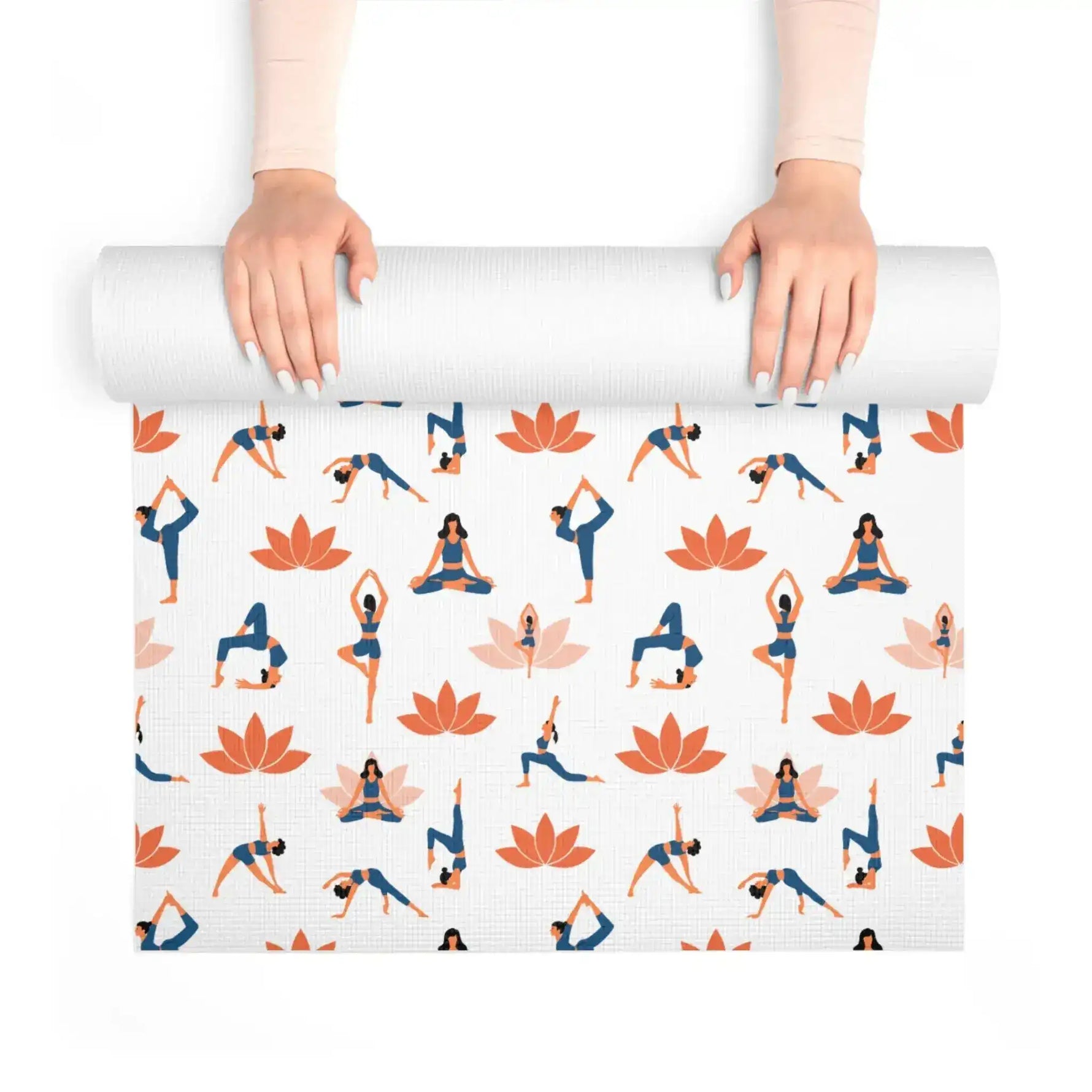 Hands unrolling Graceful Lotus mat from above, blue yoga figures and orange lotus