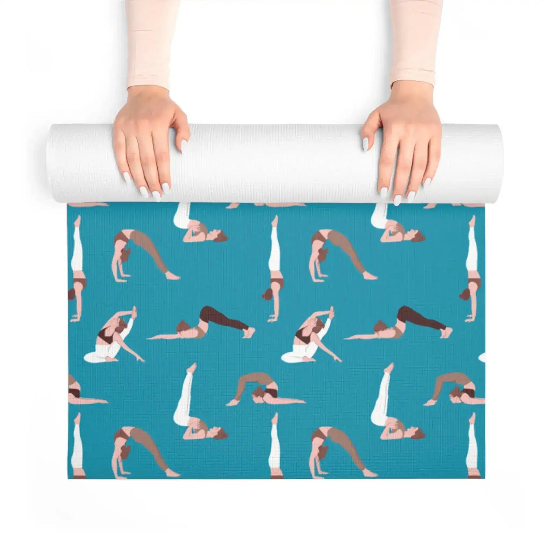 Hands unrolling the teal yoga mat from the top, full pose pattern shown