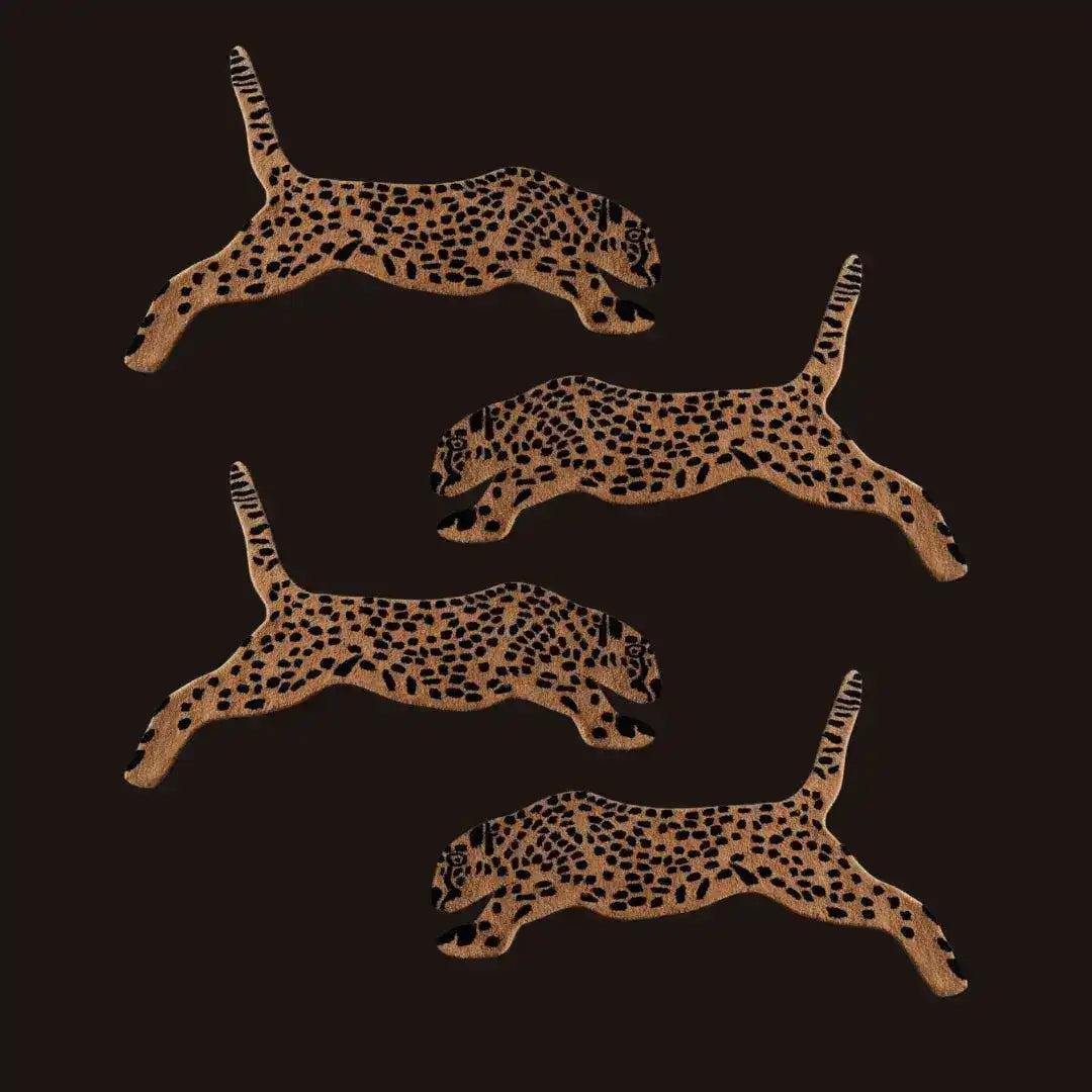 Top view of a hand-tufted wool rug shaped like a leaping tiger, ideal as a large area rug for living rooms or dining rooms. This vintage-style rug adds a unique touch to any space, serving as a standout piece among dining room carpets.